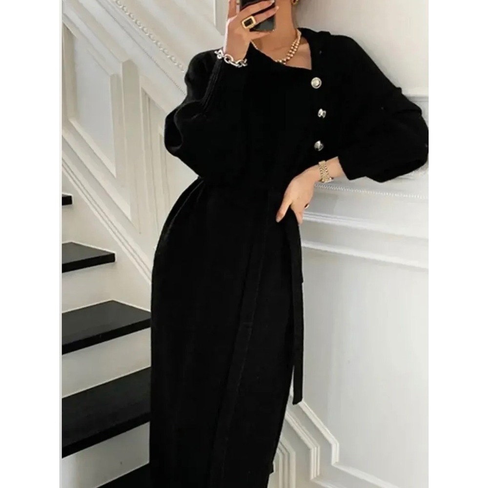 Black Turtleneck Knit Sweater Dress Gold Button Lantern Sleeve Belted Small Midi - Picture 2 of 11